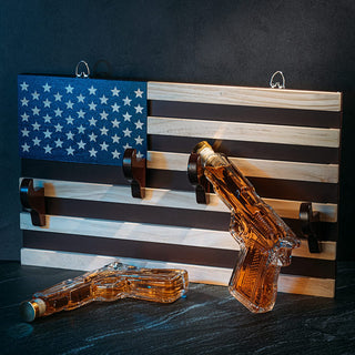 Pistol Whiskey Decanter Set Of 2 300ML On American Flag Wall Rack By Tik Tok Gun Dec