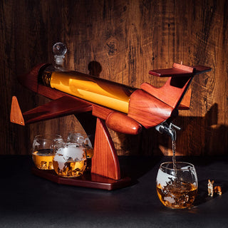 Jet Decanter Airplane Whiskey 1000ML Set With 2 World Map Glasses 12 Oz By Pilot Gif