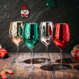 Etched Multicolor Christmas Stemmed Wine Glasses Set Of 4 Red Green Yellow Silver Perfect For Wine C