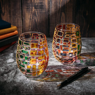 Italian Multicolor Renaissance Stained Glass Rainbow Stemless Wine Glasses Set Of 2 By The Wine Sava