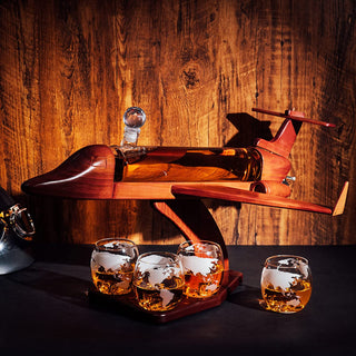 Jet Decanter Airplane Whiskey 1000ML Set With 2 World Map Glasses 12 Oz By Pilot Gif