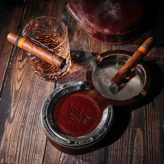 Horseshoe Cigar Coaster Ashtray With A Crystal Whiskey Cigar Glass In A Leather Case