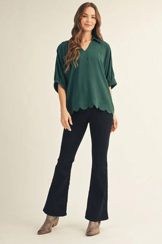 Easy Charm Scallop Hem Top - Emerald