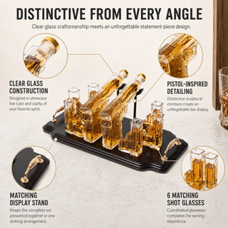 Pistol 2 Whiskey Decanters 300ML With 6 3OZ Pistol Shot Glasses And Tray With Handles By The Wine Sa