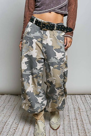 Vintage Washed Printed Twill Wide-Leg Woven Pants