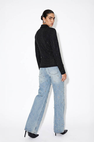Rhinestone Embellished Mock Neck Long Sleeve Top