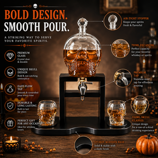 Skull Skeleton Wine Whiskey Globe Decanter Set 850 Ml With 2 Skull Head 3OZ Skeletons Shot Glasses M