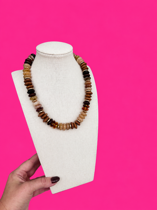 Colorful Chunky Bead with Gold Bead Necklace - Brown and Gold