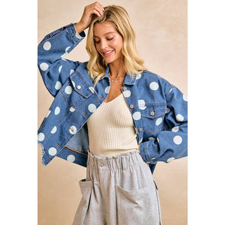 POLKA DOT CROPPED DENIM JACKET WITH FRAYED HEM BUTTON