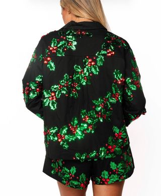 QOS Black, Green & Red Holly Cotton Button Up Top