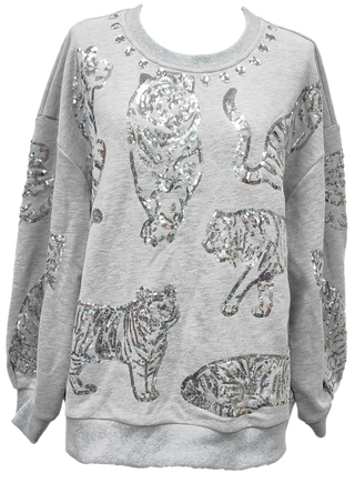 Queen of Sparkles-Grey and Silver All Over Tiger Sweatshirt