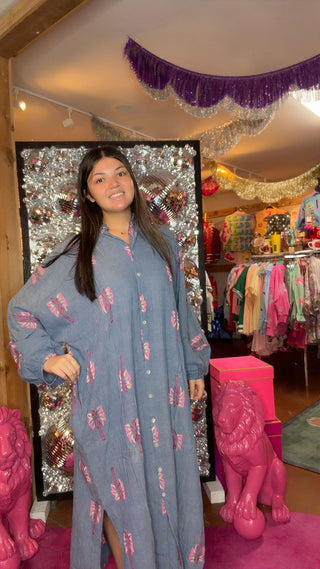 Embroidered Palm Tree Nepal Button Dress