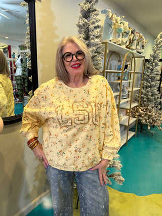 QOS Licensed LSU Yellow Floral Initial Sweatshirt