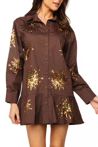 QOS Brown Sunburst Button Up Cotton Dress