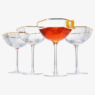 Vintage Crystal Champagne Coupe Gold Rim Hexagonal Angled Glasses Set Of 4 6 Oz Art Deco Rim Classic
