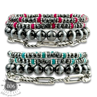 Western burnished pearl bead and chain bracelet set
