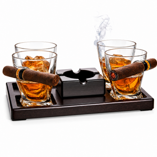 Cigar Glasses Tray Ash Tray 4 Whiskey Cigar Glasses Slot To Hold Cigar Whiskey Glass