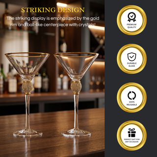 Diamond Collection 2 Piece Stemmed Martini Set Gold Accent Glasses Perfect For Any Bar Swarovski Sty