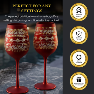 Crystal Stemmed Christmas Wine Glasses Goblets Set Of 2 Vibrant Themed Red Gold Etched Winter Snow W