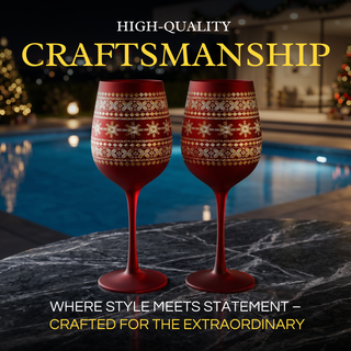 Crystal Stemmed Christmas Wine Glasses Goblets Set Of 2 Vibrant Themed Red Gold Etched Winter Snow W