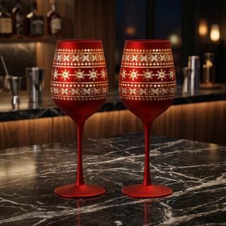Crystal Stemmed Christmas Wine Glasses Goblets Set Of 2 Vibrant Themed Red Gold Etched Winter Snow W