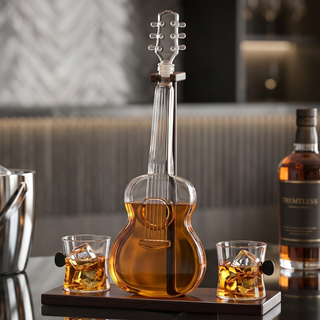 Guitar Whiskey Decanter Mahogany Base 1000 Ml Glass Decanter 14 H For Whiskey Scotch