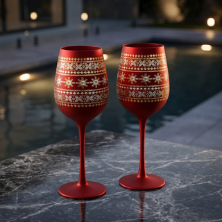 Crystal Stemmed Christmas Wine Glasses Goblets Set Of 2 Vibrant Themed Red Gold Etched Winter Snow W