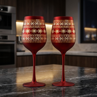 Crystal Stemmed Christmas Wine Glasses Goblets Set Of 2 Vibrant Themed Red Gold Etched Winter Snow W