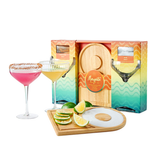 Margarita Glass Salt Board Gift Set Includes 2 Ribbed 12OZ Stemmed Glasses Chili Regular Salt Wooden