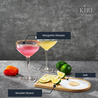 Margarita Glass Salt Board Gift Set Includes 2 Ribbed 12OZ Stemmed Glasses Chili Regular Salt Wooden