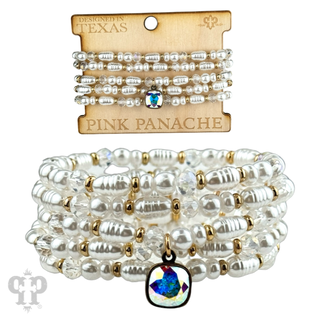 Cream pearl bead bracelet stack, Austrian crystal