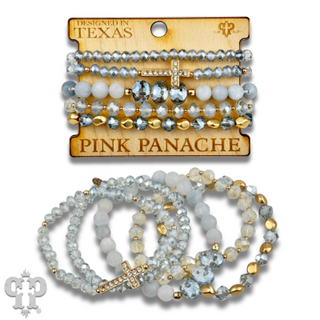 Faceted bead multi-strand bracelet stack, rhinestone cross