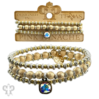 Foil texture bead stacked bracelet with Austrian crystal
