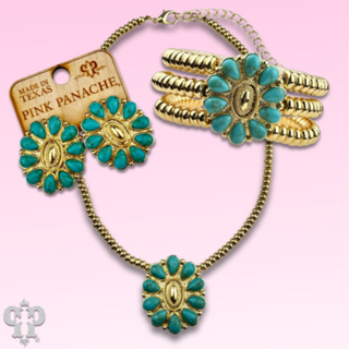 Turquoise concho charm and 18k gold dipped bead bracelet