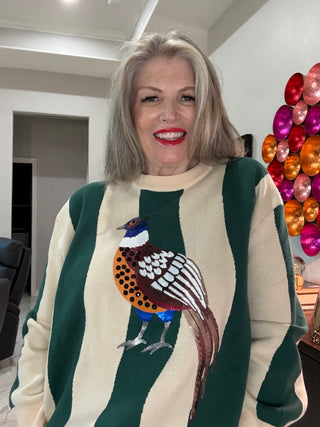 QOS Teal & Beige Wavy Stripe Pheasant Sweater