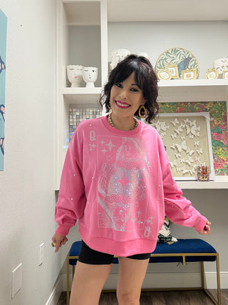 QOS Pink Scattered Rhinestone QOS Card Sweatshirt