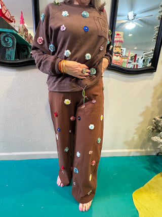 QOS Brown Multi Sequin Flower Barrel Jeans