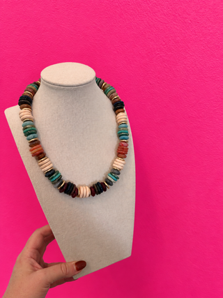 Fall Chunky Mix Bead Statement Necklace  - Teal, Brown, Light Brown