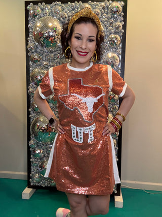 QOS Licensed Texas Full Sequin Mascot Tee Dress