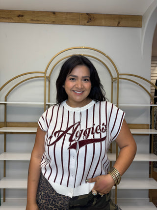 QOS Licensed Texas A&M Striped Word Button Up Knit Vest