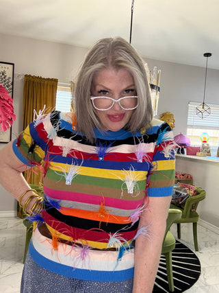 QOS Multi Stripe Feather Short Sleeve Sweater