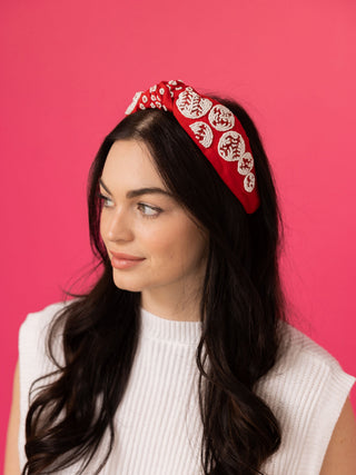 Baseball Seed Bead Knot Headband - Red
