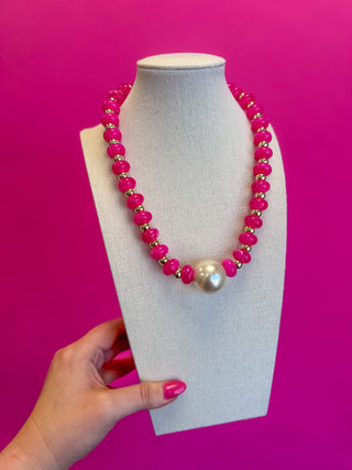 Bauble Bead with Pearl Necklace - Bright Pink