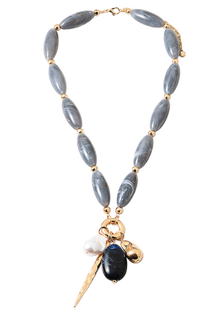 Bead and Charm Dangle Necklace - Grey