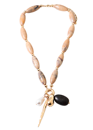 Bead and Charm Dangle Necklace - Tan