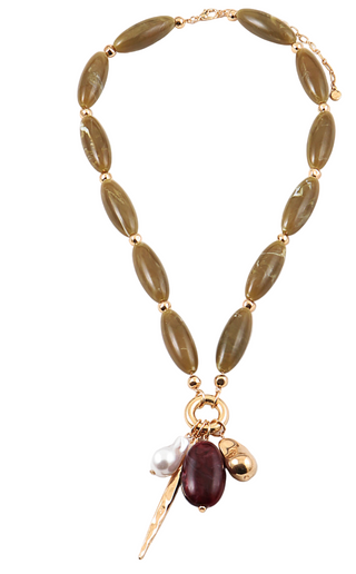 Bead and Charm Dangle Necklace - Olive