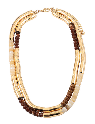 Bead and Gold Leather Necklace - Brown