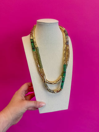 Bead and Gold Leather Necklace - Green