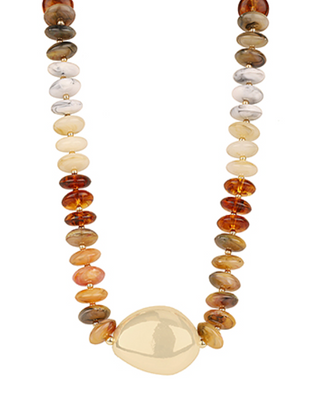 Beaded Necklace with Gold Statement Stud Necklace - Beige