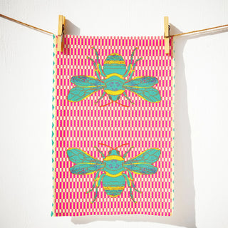 Turquoise Bee Checkerboard Tea Towel, Bee Haus B